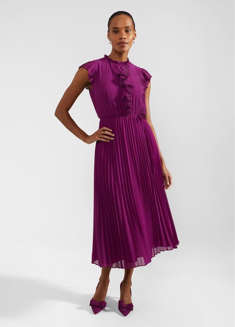 NEW Hobbs Petite Addison Dress Pleated Midi Dress Magenta Purple Size 12P Large